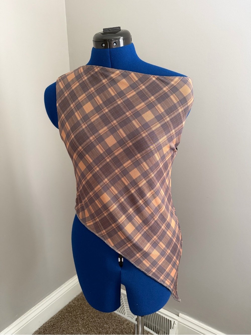 Gilded Intent Asymmetrical Plaid Mesh Top in Brown and Peach